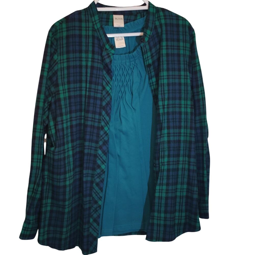 Blair Green Navy Plaid Overshirt Teal Smocked Top 2-PC Set Womenโs Large EUC